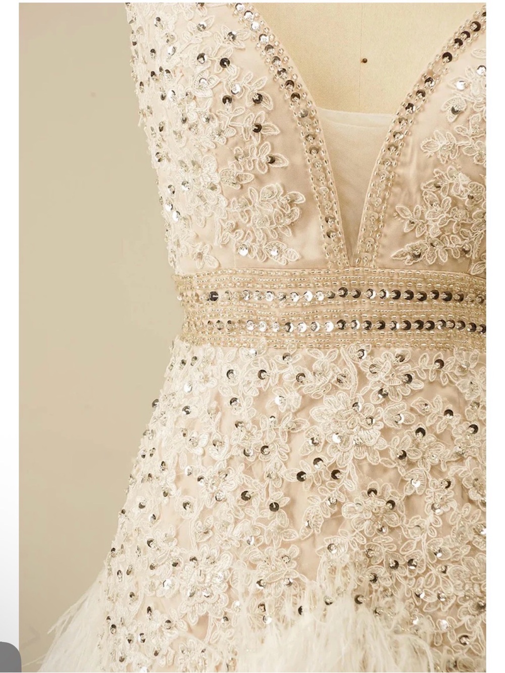 Custom Ivory Embellished Lace & Feather Mini Dress - Picture 3 of 11